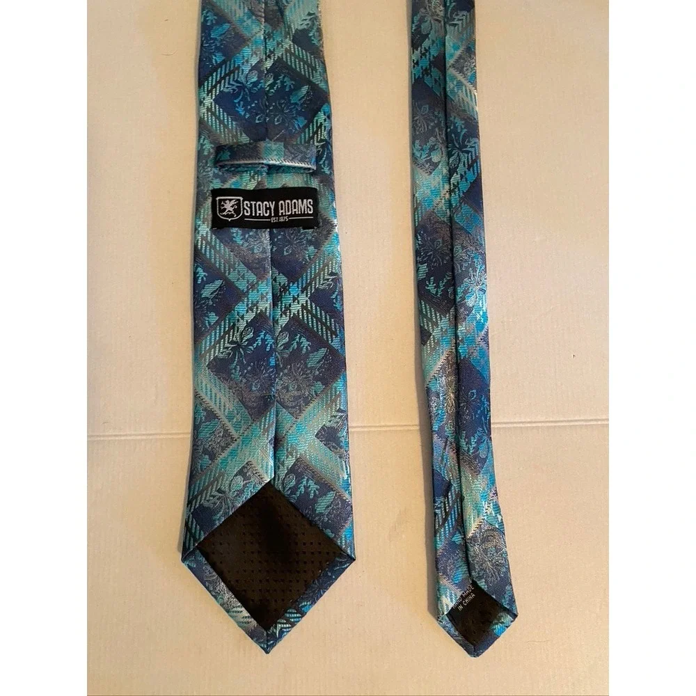 Stacy Adams Men Tie Blue Teal Geometric Plaid Floral Jacquard Silk Blend Necktie